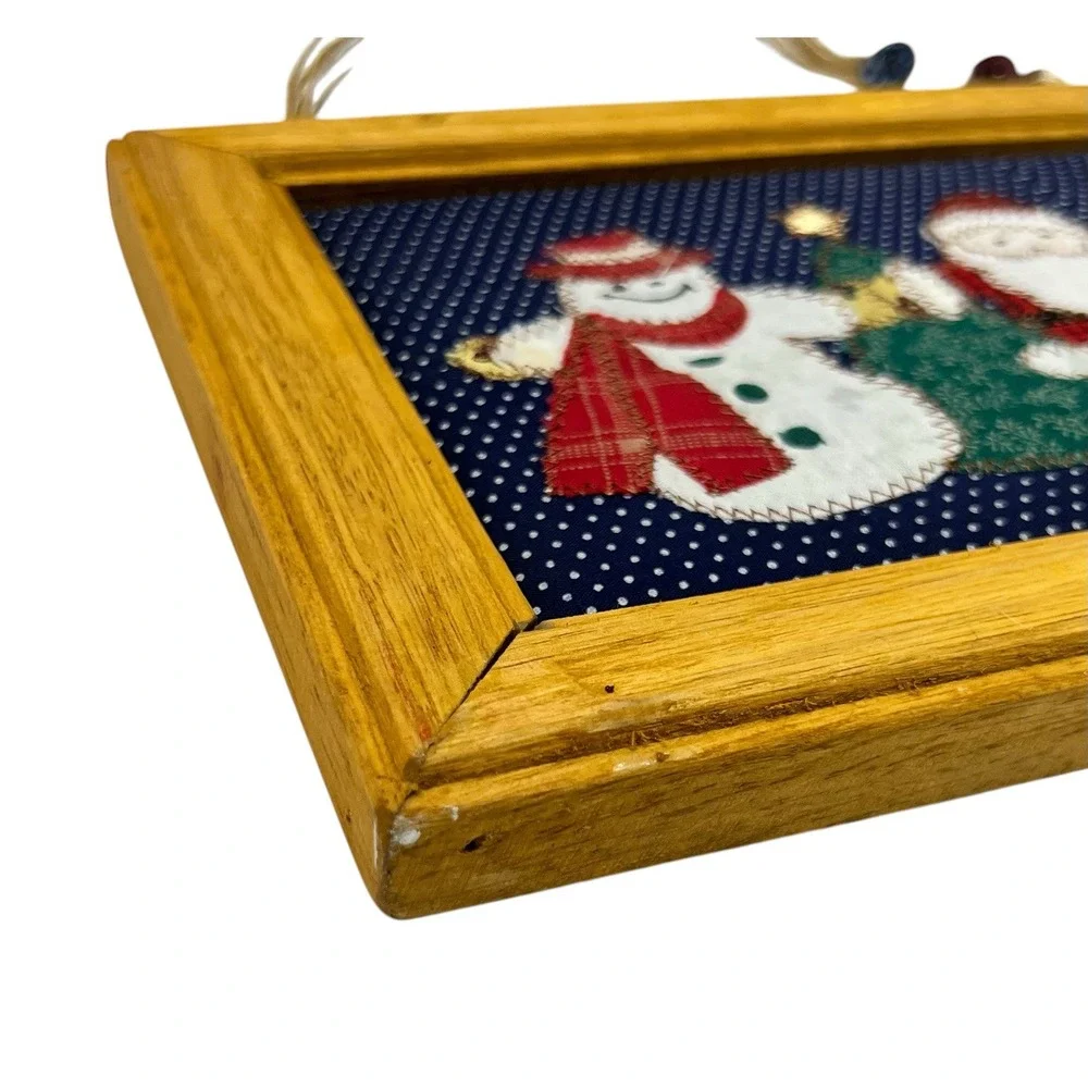 2 Vintage Framed Patchwork Santa Wall Hanging Christmas Holiday Snowman Decor